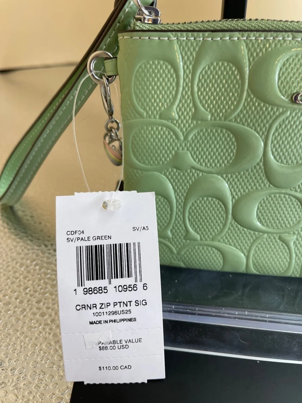 Coach Seafoam Green Embossed C Wristlet New with limited Charm - Picture 3 of 8